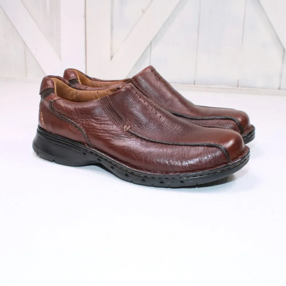 Clarks Unstructured Men's 9.5W Brown Leather Slip On Loafers